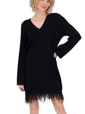 NWT Gabby Isabella Black Detachable Feather Trim V-Neck Sweater Knit Dress -  S